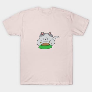 cute grey cat eating cat food T-Shirt